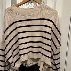 Free People Tan and Black Striped Crew Neck Sweater